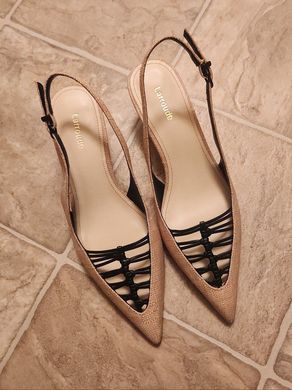 Larroude Beige and Black Slingback Kitten Heels - Picture 3 of 10